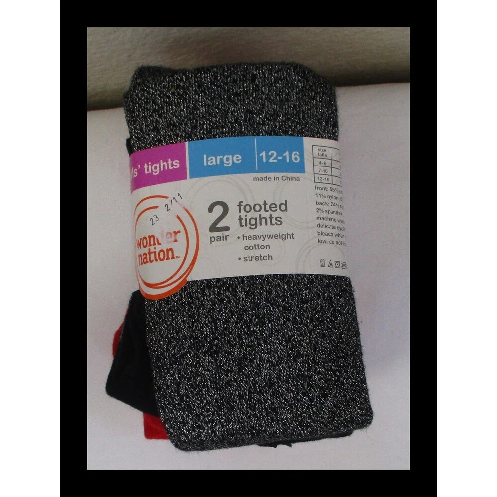 Wonder Nation Girls Footed Tights 2 Pack Size 12-16 Red & Silver Glitter NEW